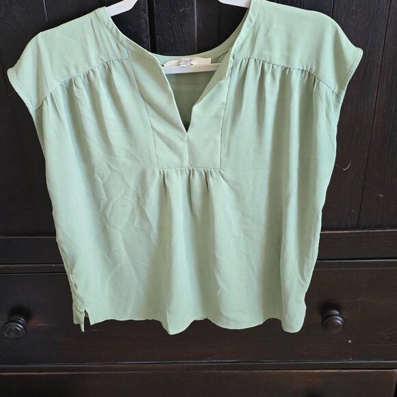 Loft Split Neck Mixed Media Top Bay Green Cropped XS - Picture 3 of 5